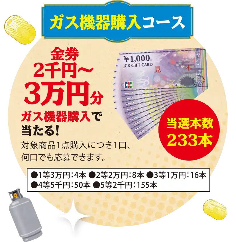 ガス機器購入コース　金券2千円〜3万円分　当選本数233本